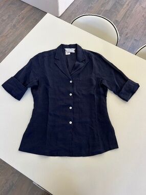 Max Mara 100% linen navy blue short sleeve collared button up shirt top size 8